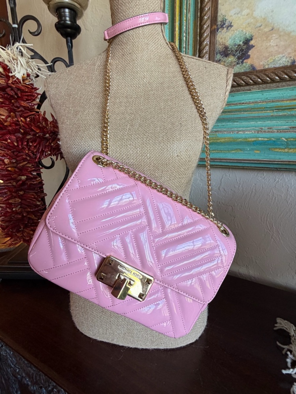 Michael Kors Pink Quilted Patent Leather Shoulder Bag with Gold Chain Strap